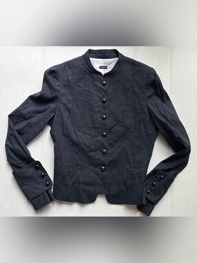 Joseph Women's Navy Button-Front military Jacket linen puff sleeves mandarin